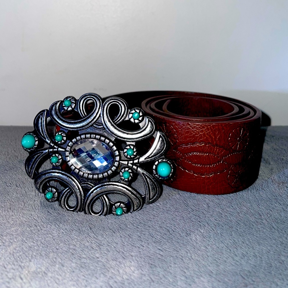 Women’s Leather Belt with Rhinestone Embellished Buckle